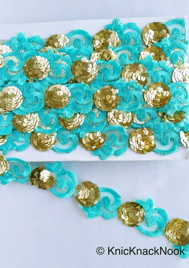 Wholesale Blue Lace Trim, Tissue Fabric Cutwork With Floral Embroidery & Gold Sequins, Indian Embroidery